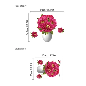 Peony flower and white vase wall stickers with dimensions for home decor and layout
