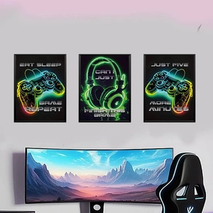 Three-piece neon gaming wall art set featuring controller and headset for game room decor
