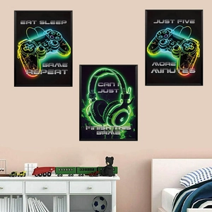 Neon gaming controller and headset wall art set with EAT SLEEP GAME REPEAT quotes