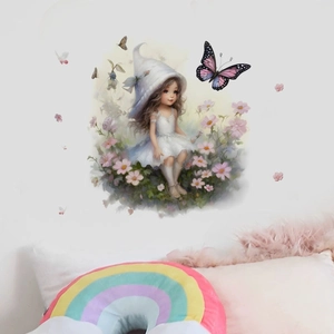 Fairy Girl Butterfly Wall Sticker PVC Removable Self-Adhesive Cartoon Floral Mural For Nursery Kids Room Bedroom Home Decor