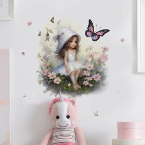 Fairy girl and butterfly wall decal for children room decor with flowers pattern