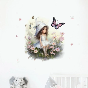 Cartoon fairy girl with butterflies wall decal for nursery room decor with floral design