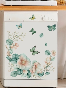 Detailed view of watercolor green leaves and pink flowers on white appliance surface