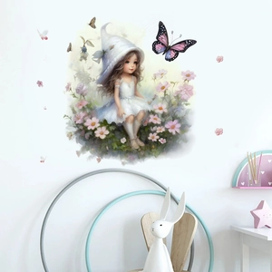Whimsical little girl and pink butterflies wall sticker for nursery decoration