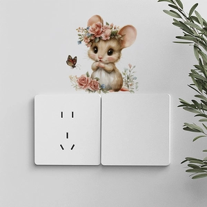Cute mouse with flower wreath and pink roses self-adhesive PVC switch wall sticker decoration