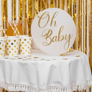 Round Oh Baby party wall sticker with gold glitter font for baby shower decor