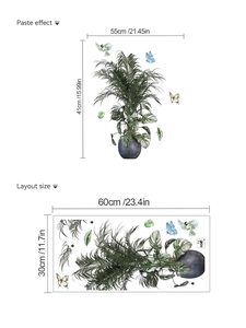 Visual guide showing 60x30cm layout and 55x41cm paste effect for butterfly plant wall stickers