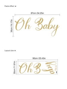 Detail of Oh Baby gold wall sticker layout and paste effect dimensions in cm and inches