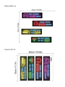 Detail of neon gamer wall decals showing four gaming quotes and layout dimensions