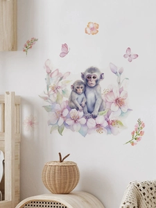 Détail de stickers muraux aquarelle singes avec fleurs de cerisier et papillons pour enfant