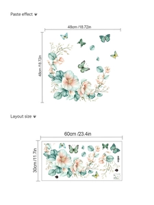 Detail view of floral wall sticker layout dimensions showing 60x30cm sheet and display size