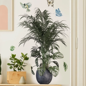 PVC Tropical Green Plant Monstera Leaf Blue Butterfly Bird Wall Sticker Removable Self Adhesive Home Decor Wall Decal