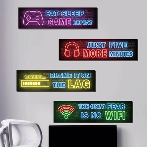 Neon game controller and headset wall stickers with Eat Sleep Game Repeat quote for gamers
