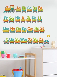 Detail of colorful alphabet train wall decals with letters Aa-Zz for children's room