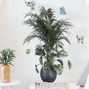Green plants and butterfly wall stickers with potted palm in a minimalist home setting