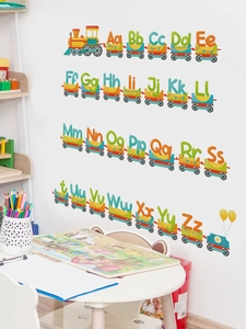 Detailed view of colorful ABC cartoon train wall stickers with 26 letters in a kids room