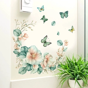 Floral butterfly self-adhesive PVC wall decal in soft green for home living room decor