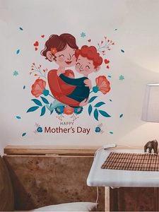 Dettaglio dell'adesivo murale Festa della Mamma con madre, figlio e fiori in camera