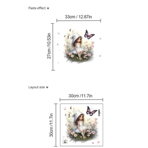 Self-adhesive butterfly girl wall sticker in cartoon style with layout dimensions