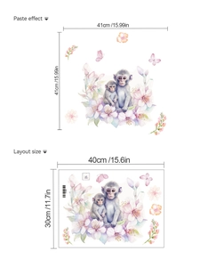 Plan détaillé et guide d'application pour stickers muraux singes fleurs aquarelle