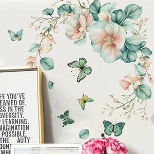 Floral wall decal with green butterflies and pink flowers for modern home decor