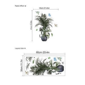 Self-adhesive PVC wall stickers with green plants and butterflies layout and dimensions