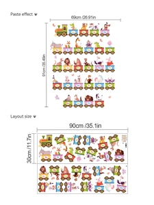 Detail showing alphabet animal train wall sticker layout and paste dimensions for kids room