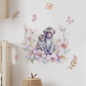 Stickers Muraux Singes et Fleurs à l'Aquarelle Amovibles en PVC Autocollants DIY Décalcomanies Florales pour Chambre d'Enfant Décor