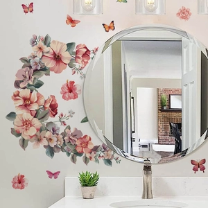 Pink crescent flower and butterfly self-adhesive PVC wall stickers for bathroom decor