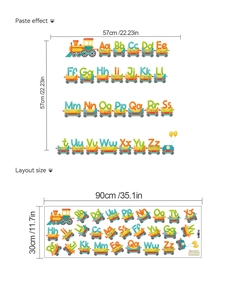Detailed dimensions of cartoon alphabet train wall stickers in layout and paste size