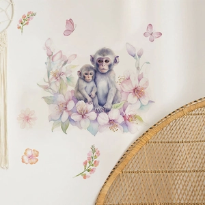Sticker mural singes aquarelle avec fleurs et papillons pour décoration intérieure