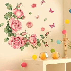 Pink watercolor rose wall decals with green leaves and butterflies for bedroom home decor