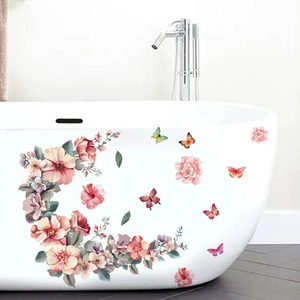 Pink crescent flowers and butterflies self-adhesive PVC wall stickers for bathroom decor