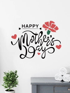 Detail of Happy Mother's Day wall decal with carnation and red hearts on white wall