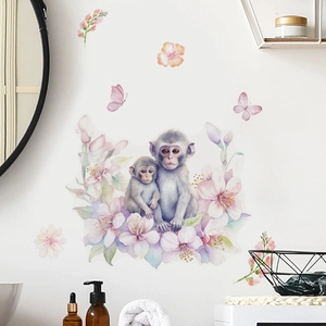 Stickers muraux famille singes aquarelle avec fleurs de cerisier pour salon chic