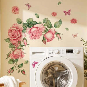 Pink rose vine wall stickers with butterflies for bedroom and bathroom decoration