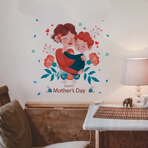 Adesivo da Parete Festa della Mamma Cartone Animato Madre Figlio Abbraccio Floreale PVC Decalcomania Rimovibile Murale Decorazione