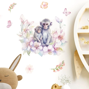 Stickers muraux singes aquarelle avec fleurs roses pour décoration de chambre d'enfant