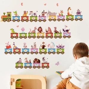 Alphabet animal train wall stickers for nursery featuring colorful cartoon characters
