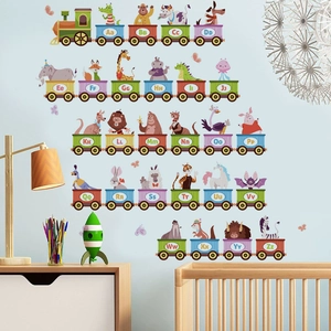 Colorful animal alphabet train wall decals for nursery education and room decor