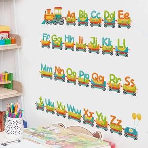 Cartoon alphabet train wall decal with colorful letters for kids' playroom decoration