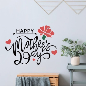 Self-adhesive carnation wall sticker with Happy Mother's Day text and red hearts