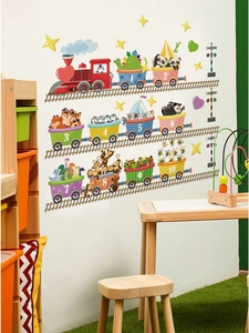 Detail of colorful animal train wall decals with numbers one to ten for kids room decor