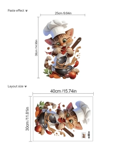 Detail showing layout size and paste effect of a cartoon cat chef kitchen wall sticker