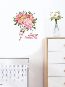 Close-up of colorful flower bouquet wall sticker with Happy Mother's Day text on white wall