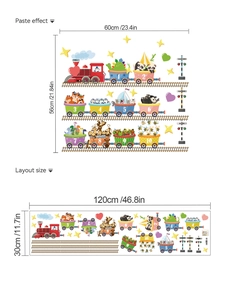 Detailed size comparison layout for animal cartoon train wall stickers with dimensions