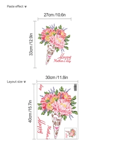 Detail view showing 30x40cm Mother's Day flower bouquet wall sticker layout and dimensions