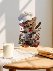 Detailed chef cat kitchen wall sticker showing a cartoon cat cooking with vegetables
