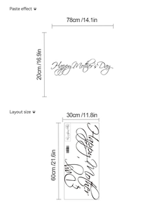 Detail of Happy Mother's Day wall sticker showing product dimensions 30x60cm and 78x20cm size