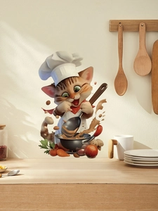 Macro detail of waterproof PVC wall sticker featuring a cartoon cat chef cooking